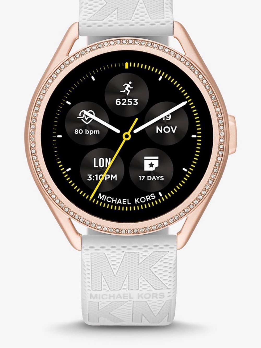 Michael Kors Rose Gold Smartwatch with White Strap and Crystal Bezel